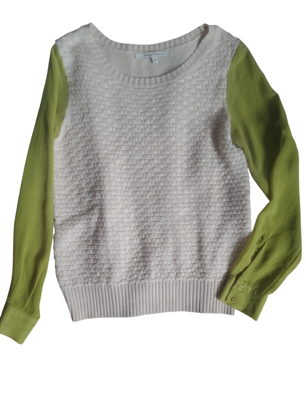 Jealous Tomato Cream Knit Sweater with Lime Green Sleeves